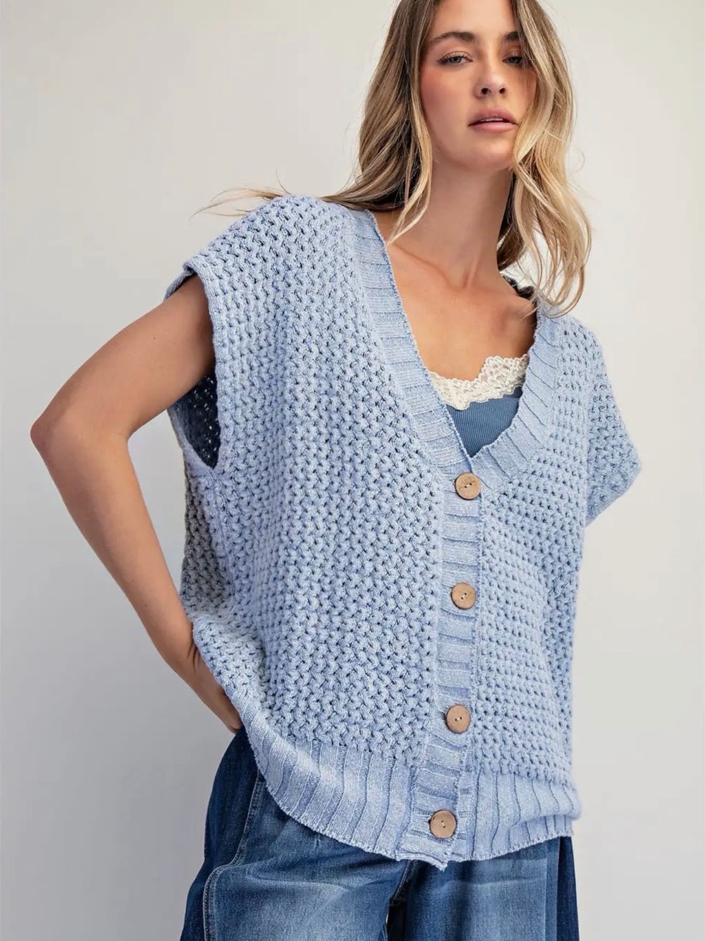 Light Blue Chunky Knit Button-Front Sweater Vest